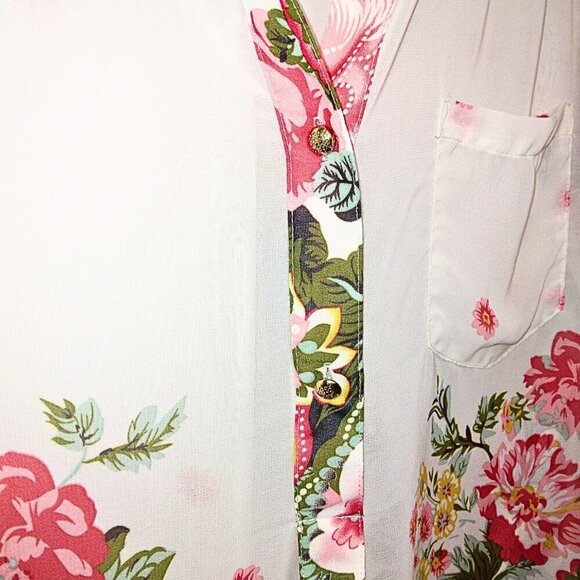 JUN & IVY WOMEN'S CREAM & FLORAL HI - LO BLOUSE W/ROLL UP TAB SLEEVES - SIZE M - Picture 3 of 9